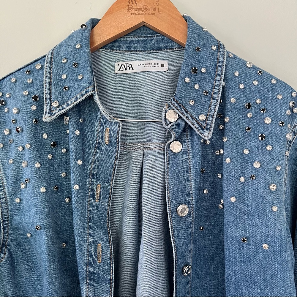 Zara Demin Rhinestone Button Down Shirt Jean Jacket Embellished Long Sleeve - Picture 2 of 10